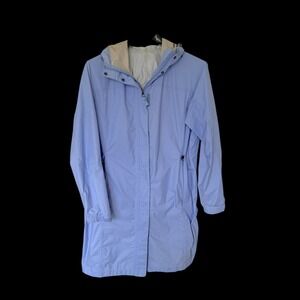 LL Bean Womens Large Blue Hooded Rain Jacket Parka Waterproof Coat Distressed‎